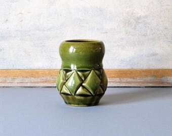 Vintage vase, green studio pottery vase, mid century pottery vase