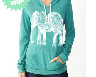 Womens Paisley ELEPHANT Hoodie *Tshirt Lightweight* Sweatshirt Hooded Alternative Apparel Gray, Blue, Pink, Black