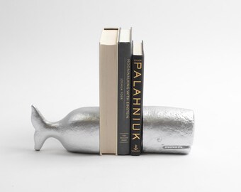 White Faux Taxidermy - The Whale Bookends - Silver Home Decor - Office Library Decor - Book Storage