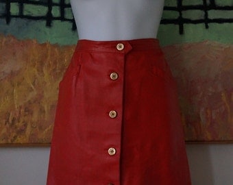 Vintage 1970s Yves Saint Laurent Skirt / YSL Rive Gauche Skirt / Lamb Skin Leather Pencil Skirt Button Front / Orange Leather Pumpkin / XXXS