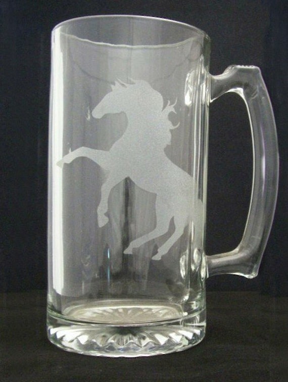 Rearing Horse Etched Beer Mug Christmas gift Birthday gift