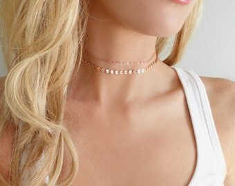 Rose Gold Choker Necklace, Double Choker Necklace, Choker Chain Necklace, Dainty Rose Gold Jewelry, Layered Choker Gold, Sterling Silver