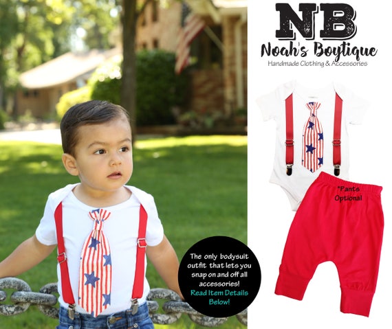 Baby Boy Fourth of July Outfit - 4th of July Shirt - Toddler Boy - Patriotic Star and Stripes Tie and Suspenders - First Fourth Shirt Il_570xn