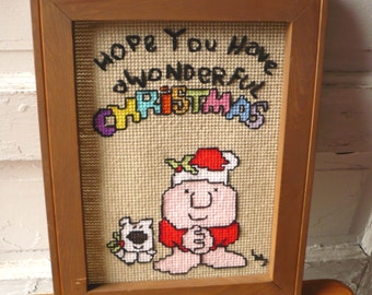 Vintage Ziggy Needlepoint Hope You Have a Wonderful Christmas Framed