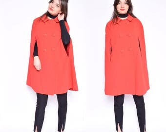 Vintage 70's Red Coat Cape / Red Button Cape - Size Small