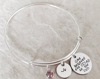 She believed she could so she did bracelet personalized bangle bracelet with name charm and birthstone encouragement graduation class of
