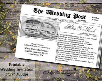 Newspaper Invitation, Newspaper Wedding Invitation, Printable Invitation Wedding Times, Printable Newspaper Invitation, Wedding Post News