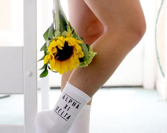 Sorority Name with Black Printing Ladies Crew Socks, Name with Double Lines - Alpha Xi Delta Shown 26 NPC Groups Available Sold by the Pair