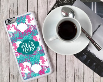 Preppy iPhone 7 Case Monogrammed iPhone 7 6 6s 5 5c 5s S6 Edge Samsung S6 S5 Tough Plastic Custom Lilly Inspired Seahorses Nautical