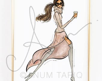 Fashion Illustration Print, Dusty Rose Coffee Run