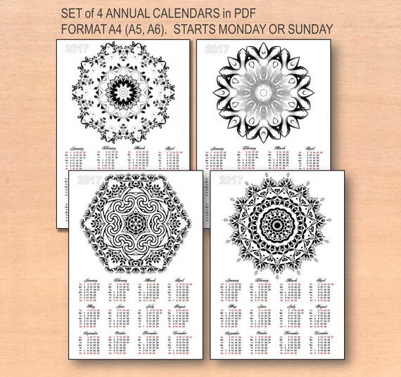 Items similar to 50% OFF 4 Mandala Printable Calendars 2017 ~ A4 (A5, A6) ~ Sunday/Monday starts ...