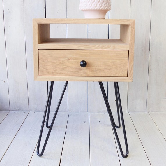 Solid oak bedside table with hairpin Leg Side table with