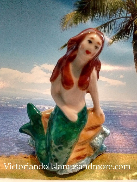 Bathing Beauty Mermaid Figurine Porcelain In Green Sitting On