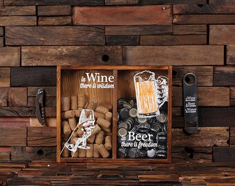 Beer Cap Holder Personalized Shadow Box FREE Bottle Opener Corkscrew Wine Cork Holder, Couple , Craft Beer His and Hers, Wedding Gift 025335