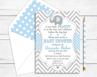 Elephant Baby Shower Invitation, Elephant Printable Party Invitation, Grey Light Blue Chevron Polkadots Shower, Elephant Party Supplies