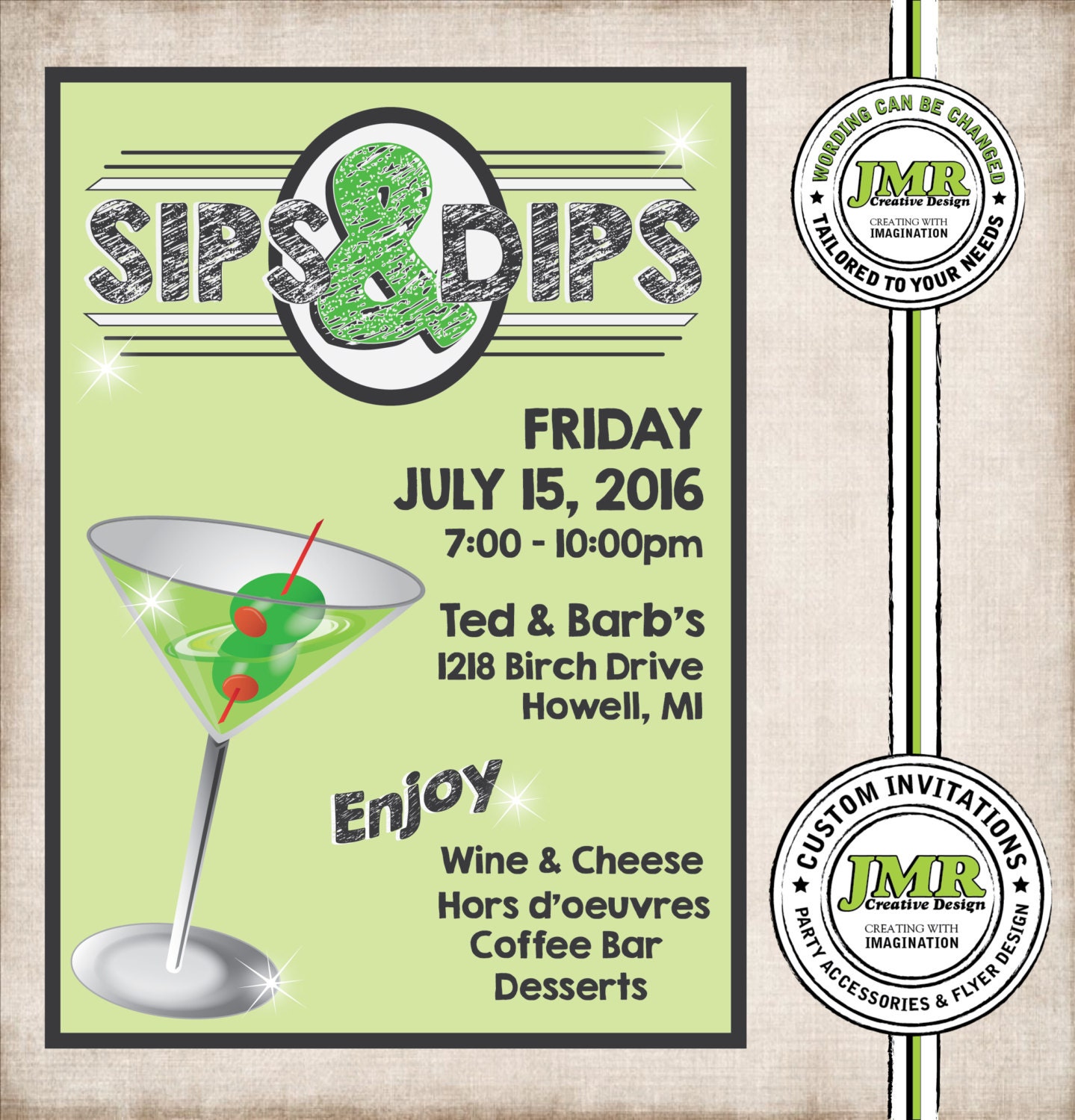 Cocktail Party Invitation House Party Invite Sips & Dips