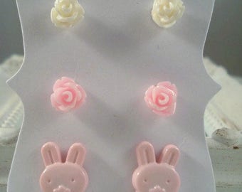 Pink Bunny Earrings Pink White Rose Posts