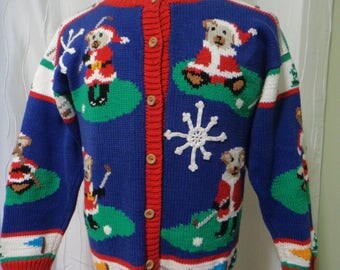 Ugly Christmas Sweater, Golfing Sweater, (Size: Women's Medium/Large?), Santa Bears, Golfing Santa, Two-Sided, Xmas Sweater, Great Colors