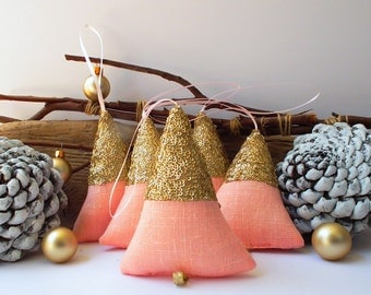 Christmas decor, 5x pine tree ornament. Noel decoration, gold and peach, Pure flaxen fabric and sequin textile. Modern decor for home