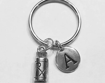 Medicine RX Keychain, Initial Keychain, Nurse Keychain, Pharmacist Gift, Pharmacy Tech Medical Keychain, Gift Initial Keychain