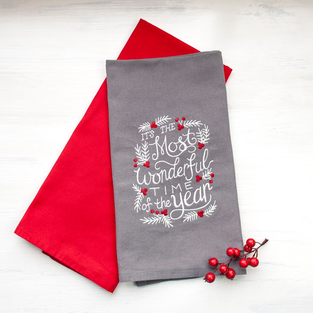 Embroidered Christmas Hand Towel Gray Modern by GoldenArrowLane