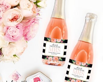 Bridal Shower Favor Mini Champagne Labels - Weatherproof Wedding Shower Favors Stipe Floral Miss to Mrs. Bachelorette Party Decorations