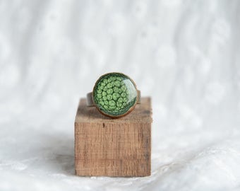Nature ring, adjustable size green gem ring, hand painted unique rings for her, wood and resin jewelry, MyPieceOfWood