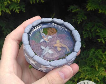 OOAK Round Polymer Clay Koi Pond - Chagoi, Soragoi and Ochiba Shigure koi pond - Miniature Pond - Handsculpted polymer clay koi in resin