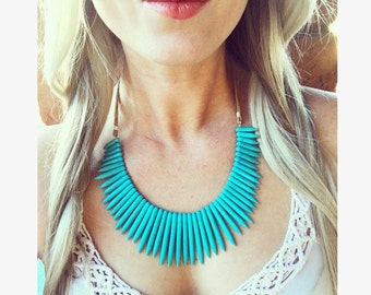 Turquoise Statement Necklace, Turquoise Bib Necklace, Tribal Bib Necklace, Ethnic Necklace, Ethnic Boho Necklace, Chunky Bib Necklace, Boho