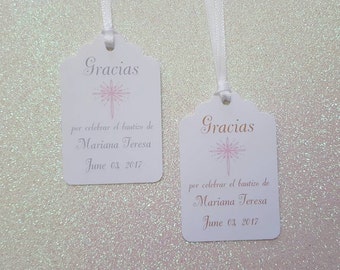 Spanish Gracias Pink Baptism Favor Tags *Por Celebrar el Bautizo de Gift Tags *To Celebrate The Christening of Favor Tags *w/Satin Ribbon