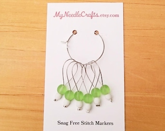 Stitch Markers, Snag Free Beaded Knitting Stitch Markers - Set of 6 Round Matte Green Glass Beads