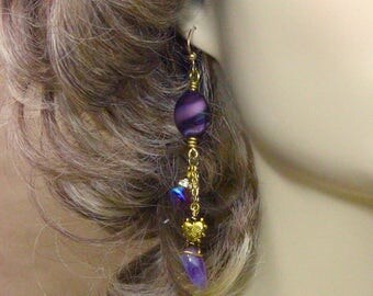 Purple Earrings, Beaded Earrings, Glass Bead Earrings, Gold Earrings, Dangle Earrings