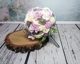 Ivory lilac grey rustic wedding BOUQUET sola Flowers, olive leafs, spring summer wedding, pastel bouquet, custom, ball bouquet, satin ribbon