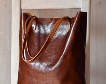 Brown Leather Tote Bag – MINIMAL CHIC in Cognac Brown - Medium Size Handmade Leather Tote