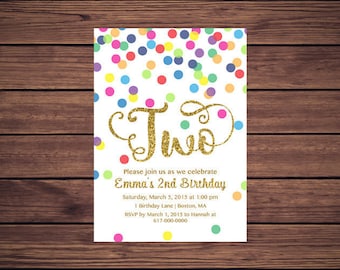 Rainbow Gold 2nd Birthday Invitation Girl, Any Age Rainbow Dots and Gold Girl Second Birthday Invitation TWO, Polka Dot Printable JPEG 852