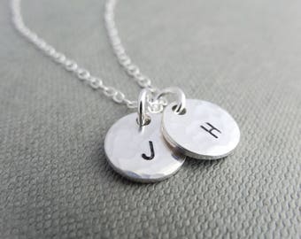 Hammered silver necklace, hammered initial necklace, silver disc necklace, stamped initial necklace, personalised silver necklace for women