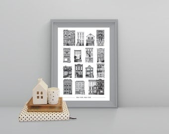 Houses of New York print Cityscape, A4 Art Print, New York print, Baby print, Black and White print, New York buildings, USA, America, NY