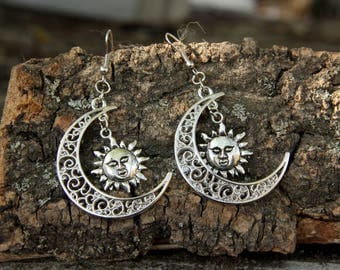gift|for|women festival jewelry silver jewelry Wiccan jewelry sun moon jewelry sun moon earring Celestial Jewelry SUN jewelry hippie earring