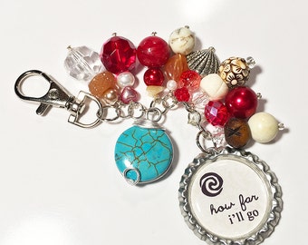 Moana Purse Charm Keychain / Disney Movie Quote / How Far I'll Go Bottlecap Pendant / Heart of Te Fiti Necklace Beaded Jewelry Gift