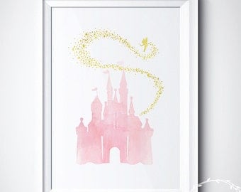 Disney Castle Print, Magic Princess Castle Art Print Poster, Fairy Watercolor Tinkerbell Rapunzel Castle Canvas Art, Girl Nursery Art