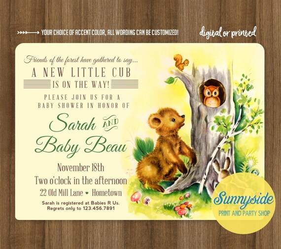 Woodland forest baby shower invitation, baby boy girl gender neutral, bear cub, baby shower invite, forest creatures owl squirrel bring book Il_570xn