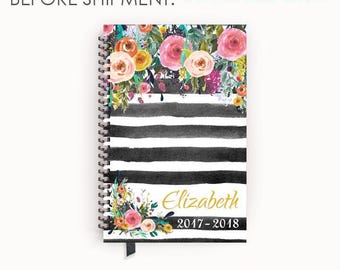 Various Layouts Personalized Planner 2017 - 2018 Calendar Agenda with Watercolor Floral on Black Stripes