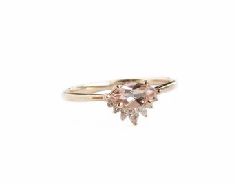 Marquise Morganite Ring ,Morganite Engagement Ring, Diamonds Crown Engagement Ring, Antique Style Engagement Ring, Vintage Engagement Ring