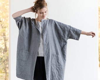 Washed oversized long linen - wool blend kimono/cardigan/jacket