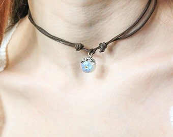 brown choker necklace flower jewelry blue choker mothers day gift leather choker dainty choker blue jewelry gift for mom birthday gift Рю189