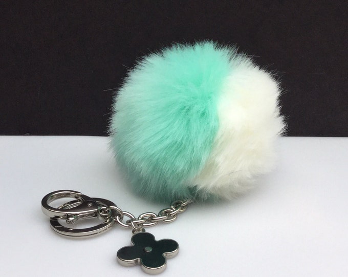 Faux Duo White Mint Fur Pom Pom bag Keyring keychain pom pom fake fur ball