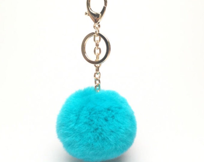 Aqua Blue fur pom pom keychain REX Rabbit real fur puff ball with flower bag charm keyring