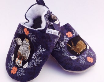 Foxtail Forest Handmade Baby Shoes w/ pattern heel, Baby Girl Shoes, Soft Sole Baby Shoes, Owl Baby Shoes, Baby Booties, Baby Moccasins