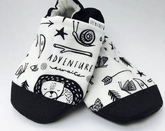 Adventure Baby Shoes, Happy Camper Baby Shoes, Monochrome Baby Slippers, Soft Sole Baby Shoes, Gender Neutral, Baby Moccasins, Baby Booties