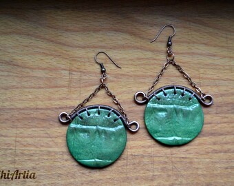 Polymer clay earrings Polymer clay jewelry Circle earrings Crocodile skin earrings Wire wrapped earrings Wire wrapped jewelry Copper wire